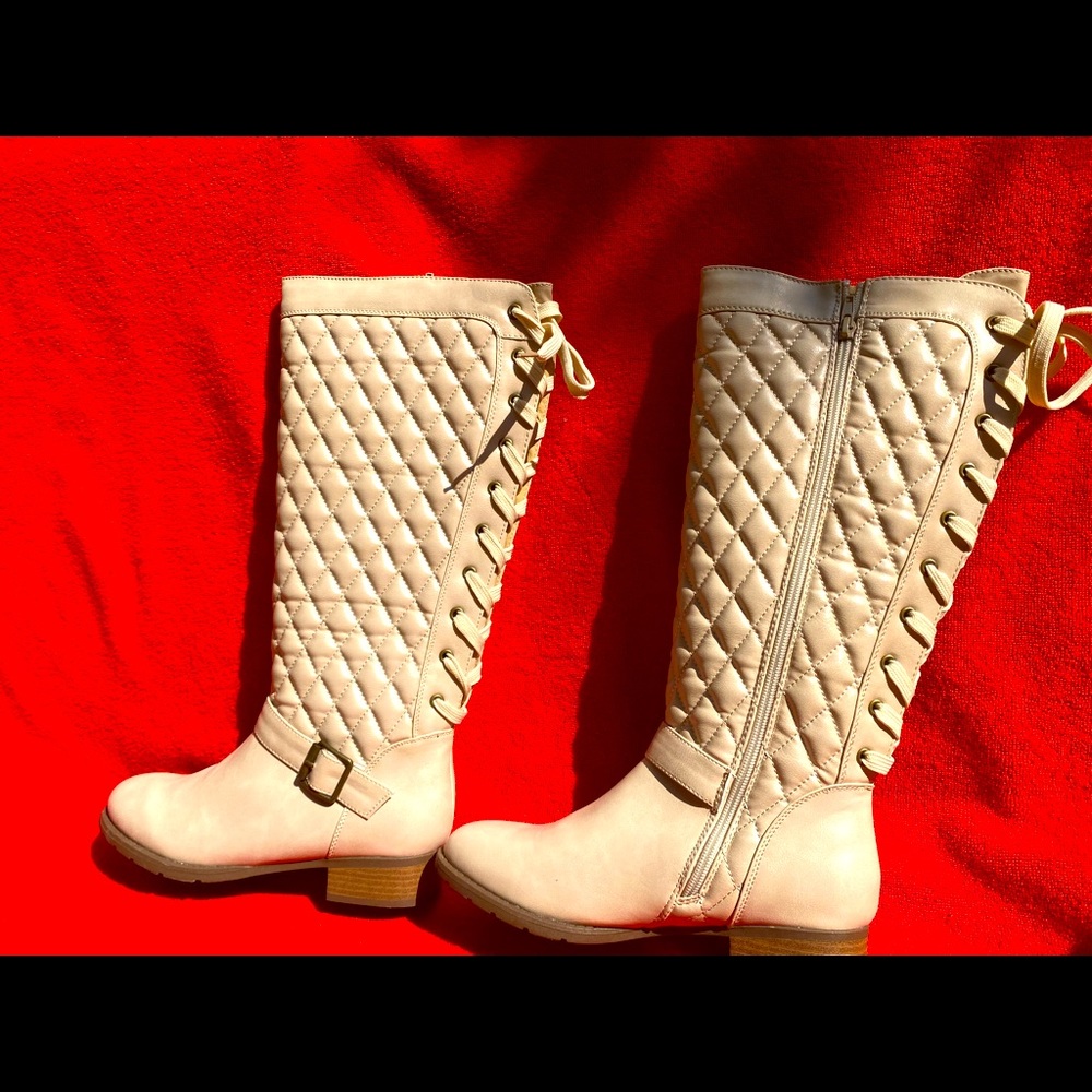 Creme color quilted style boots for fall and winter by Madison.